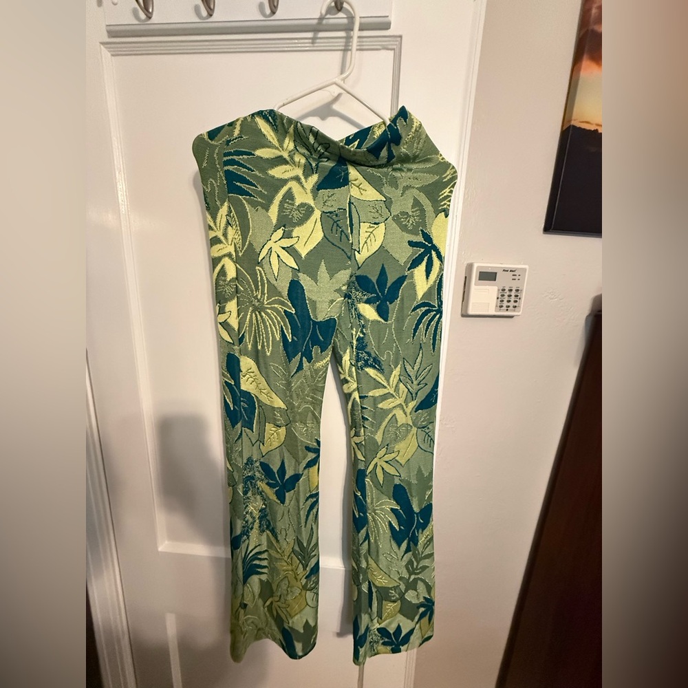 Zara Green and Yellow Wide Leg Jumpsuit with Tropical Leaf Print